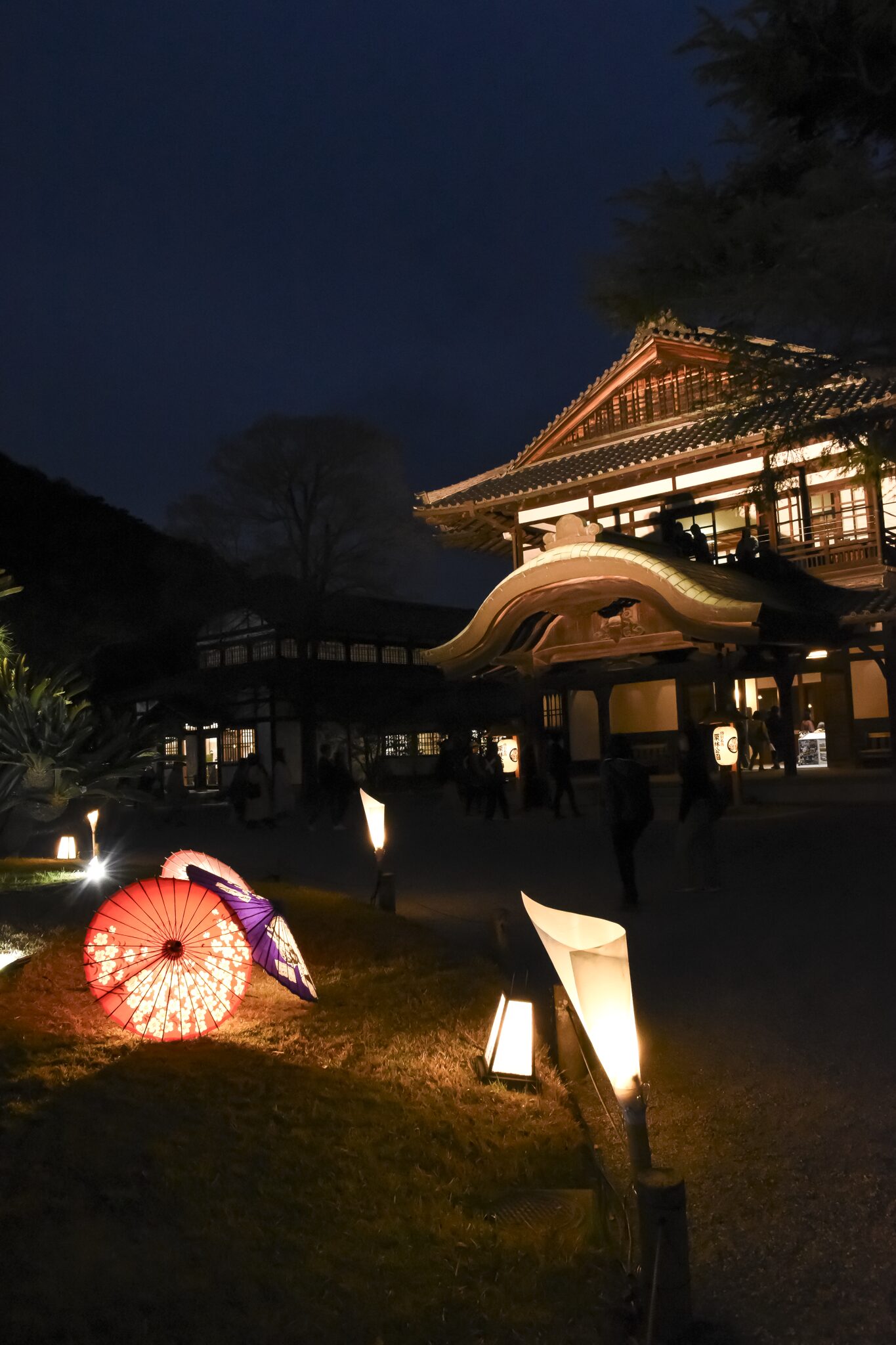 栗林公園 ライトアップされた商工奨励館と和傘
